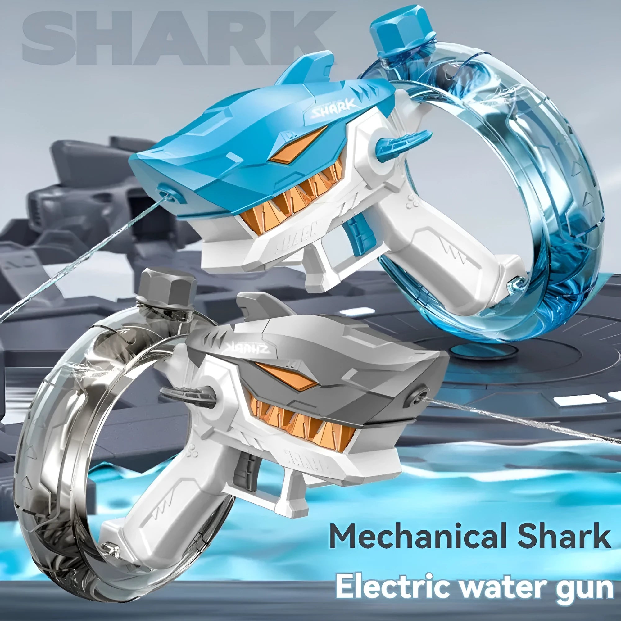 Blue Shark electric water gun toy with automatic continuous fire feature