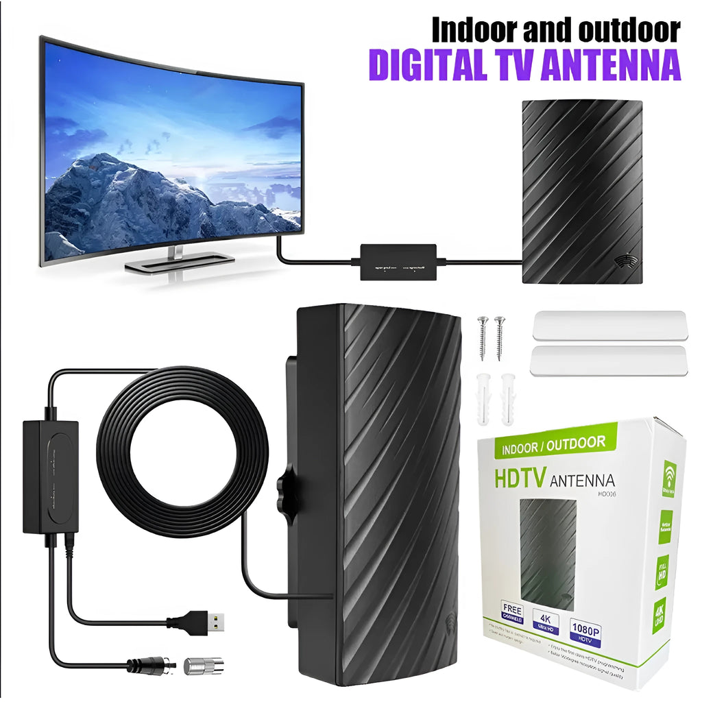 Black plastic indoor digital television antenna with included mounting screws, tubes, cable ties, and adhesive tape.