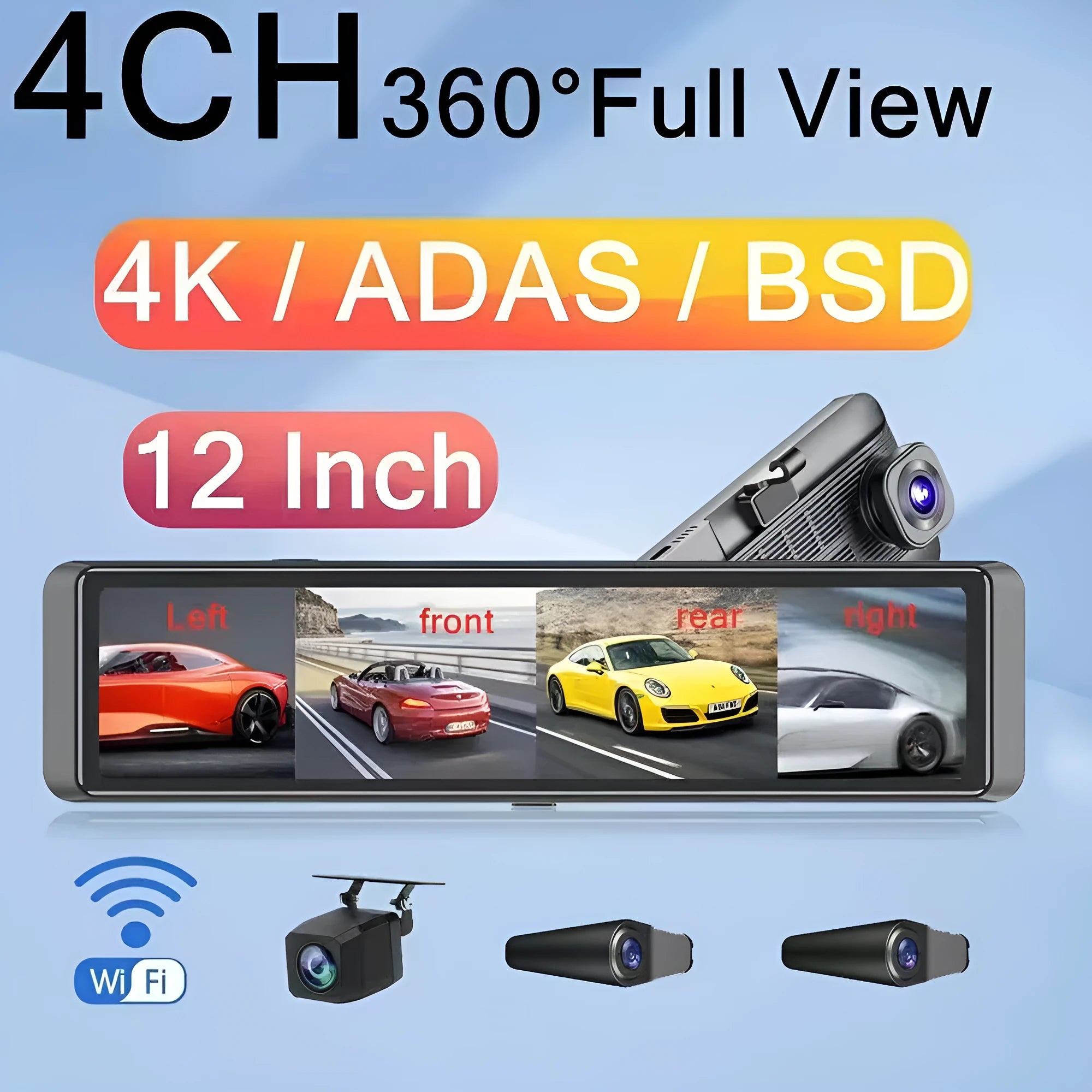 12-inch full-screen 4K streaming rearview dash cam with blind zone warning and multi-lens cameras in black finish