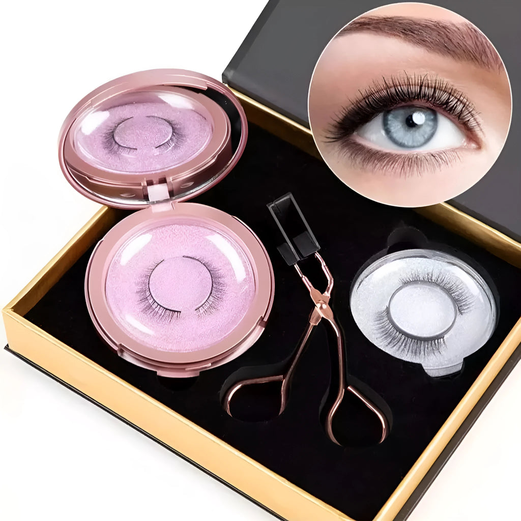 Reusable self-adhesive false eyelashes in white round gift box with three pairs