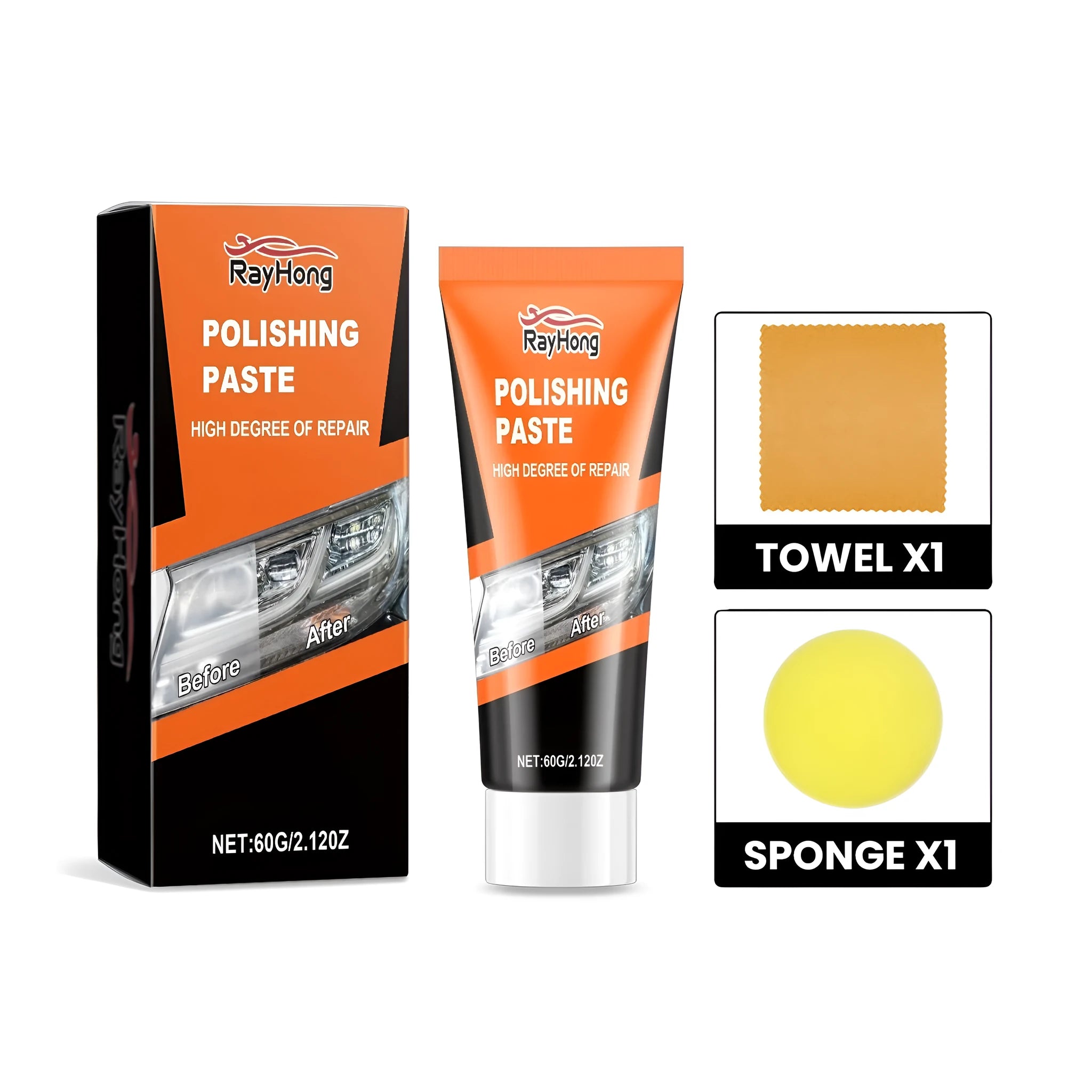 Car headlight refurbishment cream kit showing 60g tube, round sponge, and microfibre towel.