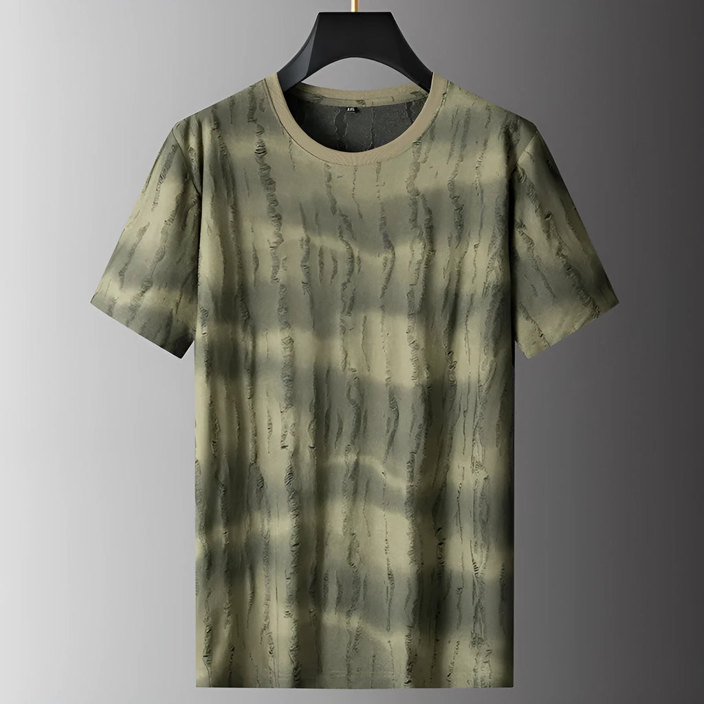 Gray plus-size men's loose-fit t-shirt with round neck and short sleeves on a hanger.