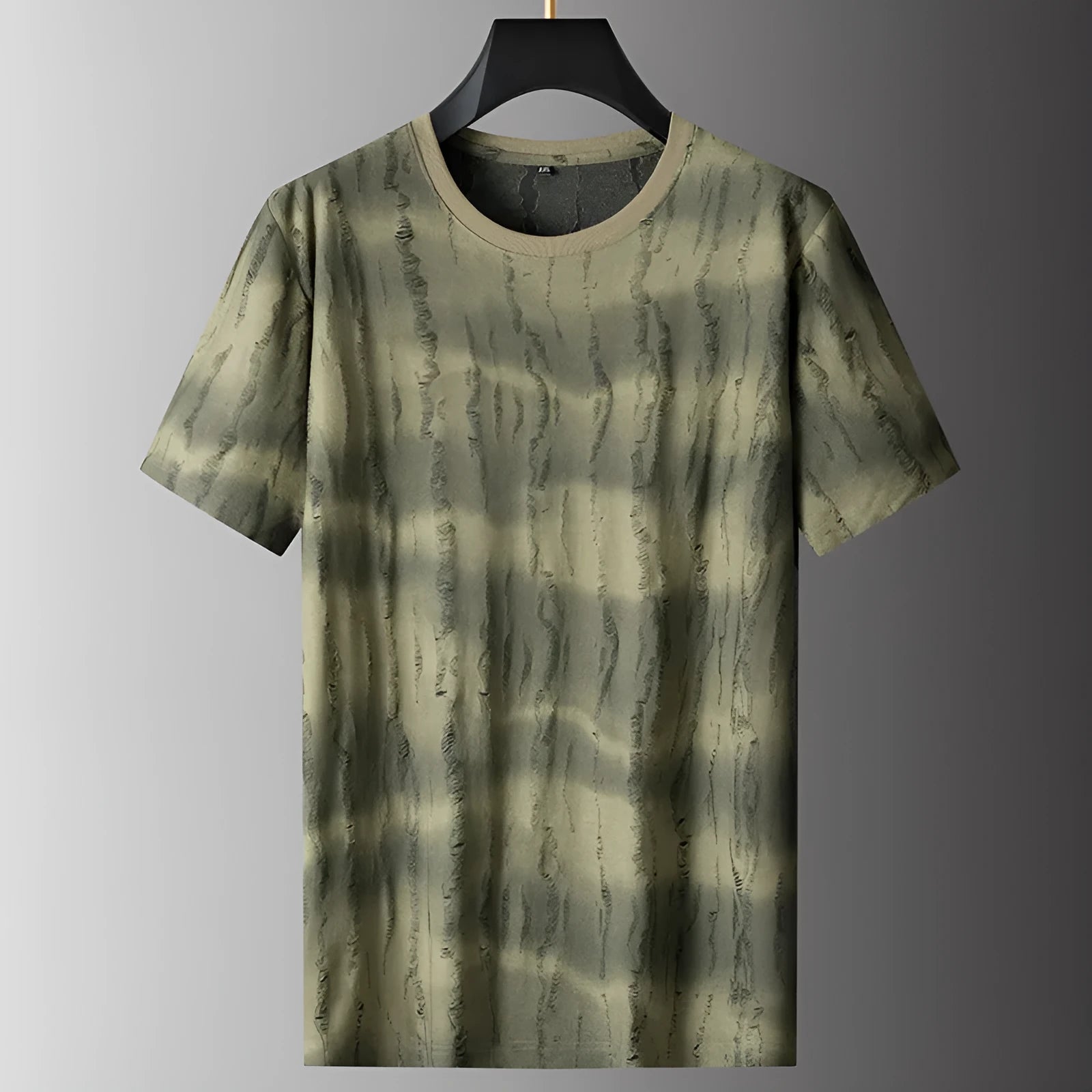 Gray plus-size men's loose-fit t-shirt with round neck and short sleeves on a hanger.