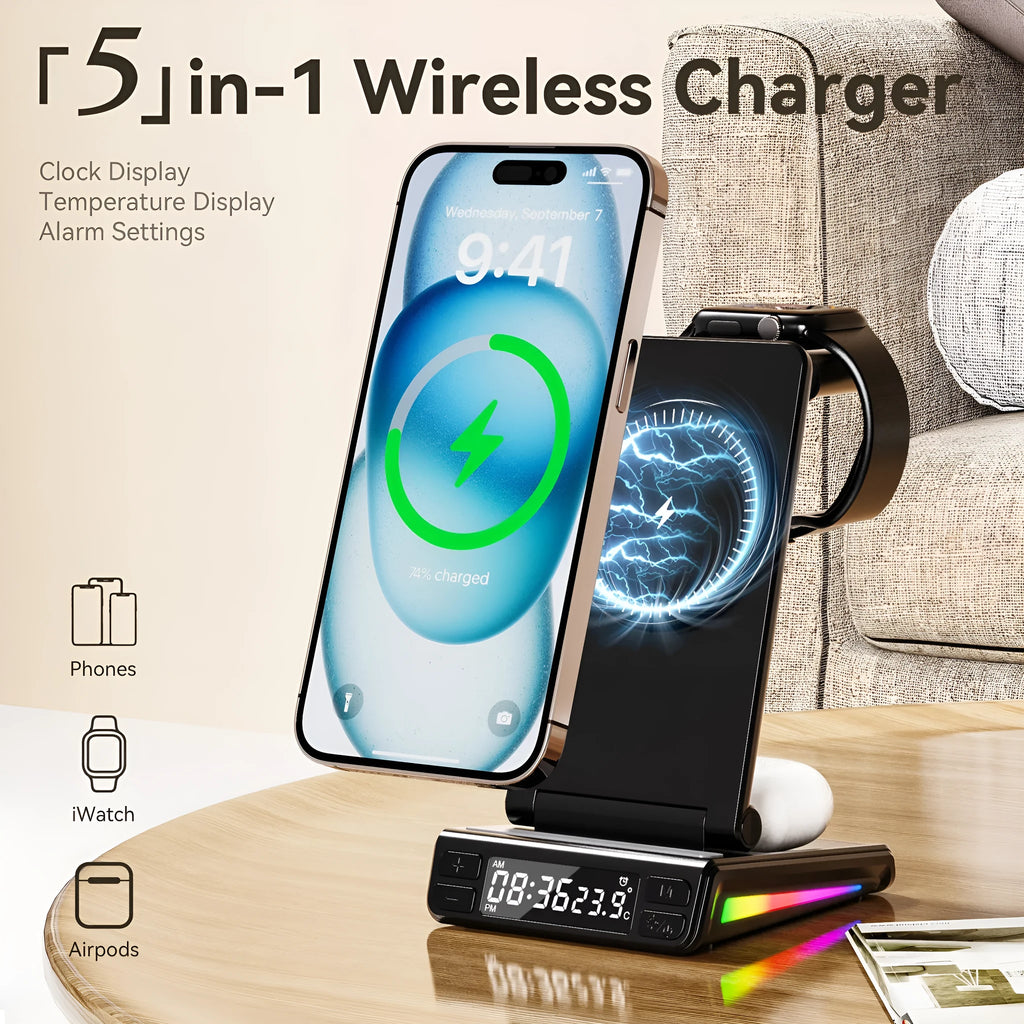 Desktop vertical five-in-one folding wireless charger in white with digital display
