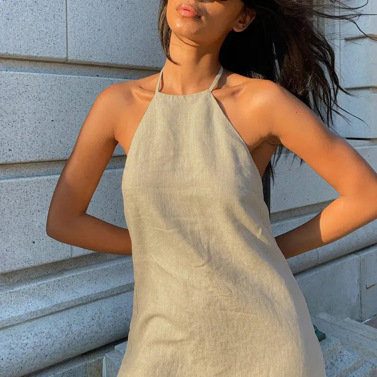 Women's solid colour linen A-line summer dress knee length casual midi dress