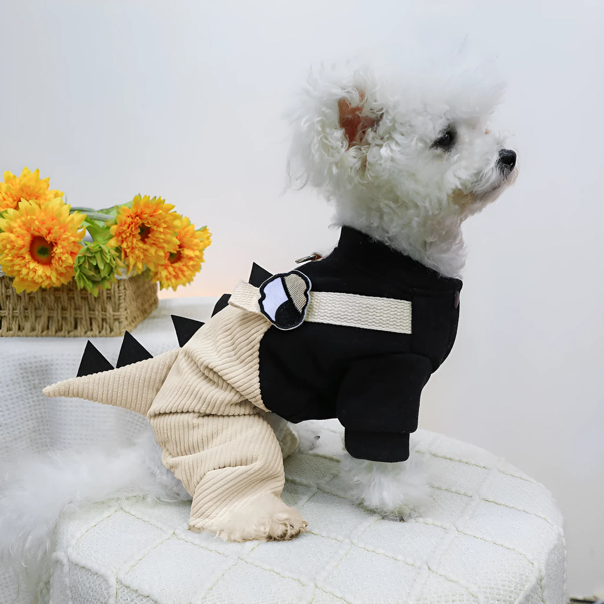 Khaki polyester dog clothing with suspender trousers and skirt, four-legged design, sizes XS to XL