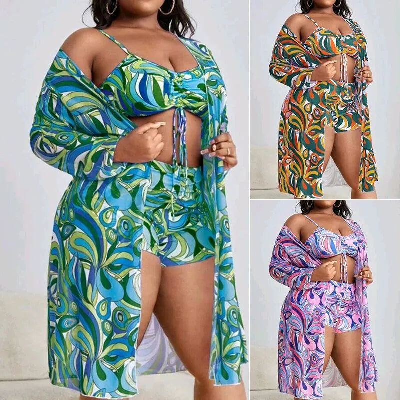 Women's floral print bikini set with underwire bra, high-waisted briefs, and a sheer cover-up cardigan.