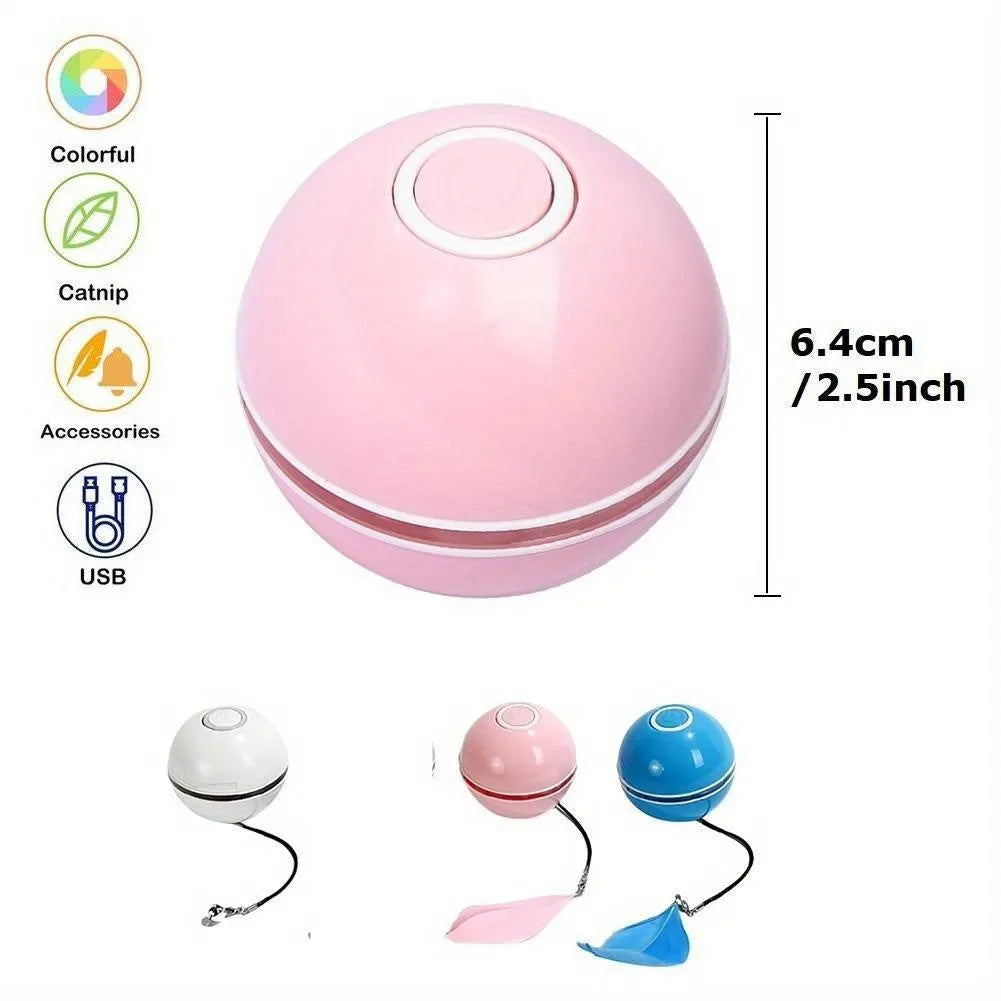 Pink USB rechargeable electric cat toy ball with LED light and feather attachment