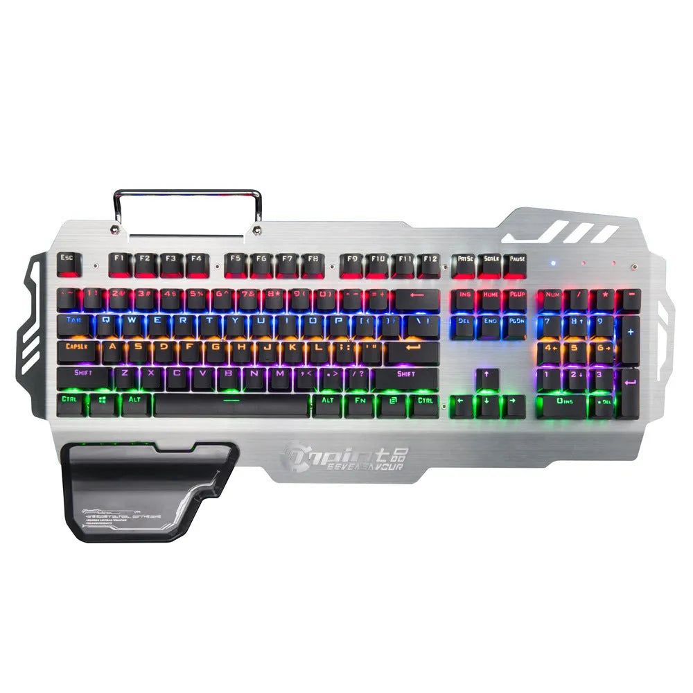 Silver Green Axis mechanical gaming keyboard with metal panel and detachable wrist splint.