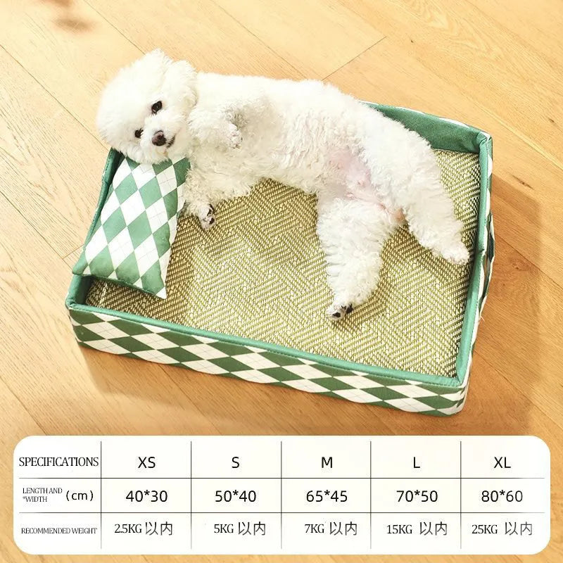 Blue rattan cat bed mat showing woven texture and rectangular shape