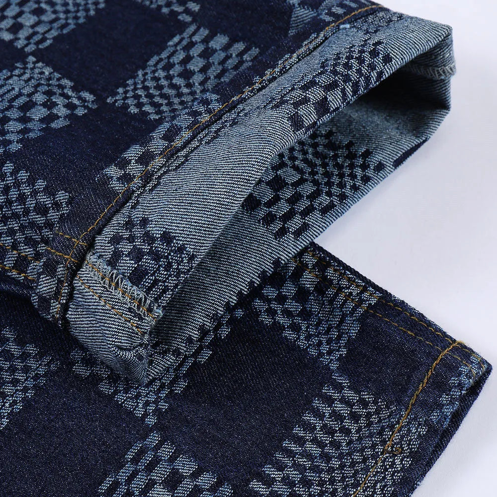 Men's checkerboard jacquard cotton trousers straight loose fit black colour