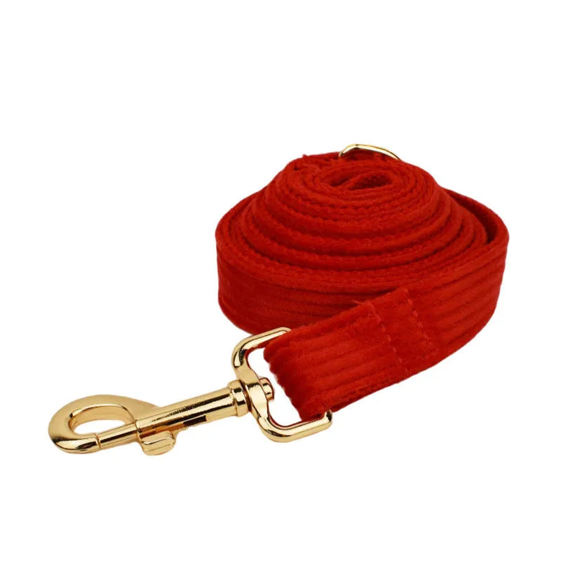 Corduroy dog collar and leash set with matching vest, bow, and poop bag holder in multiple sizes