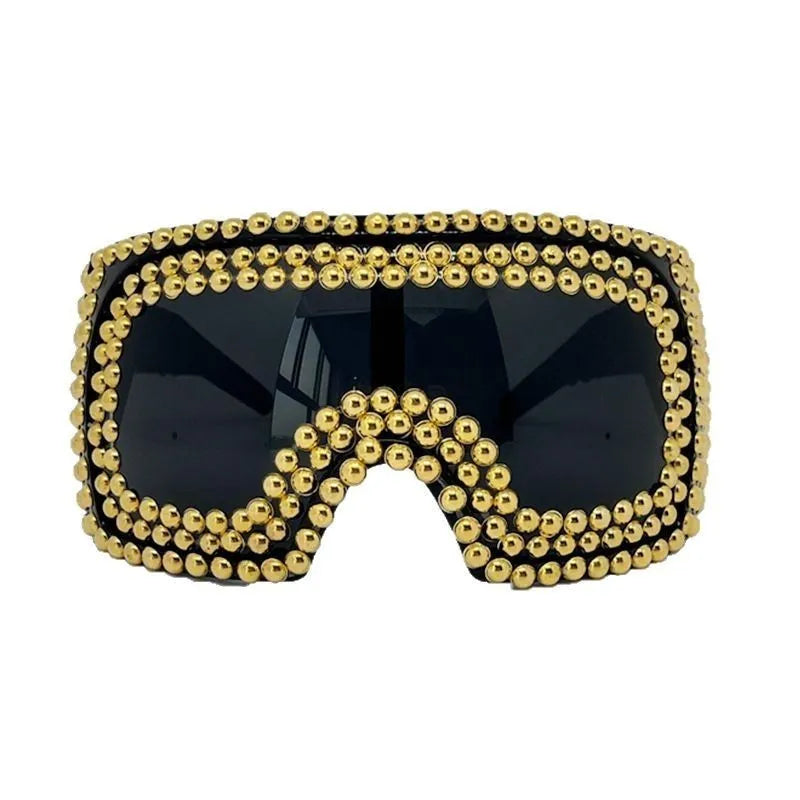Men's silver punk sunglasses with wide square frame and metal rivet details on the arms.
