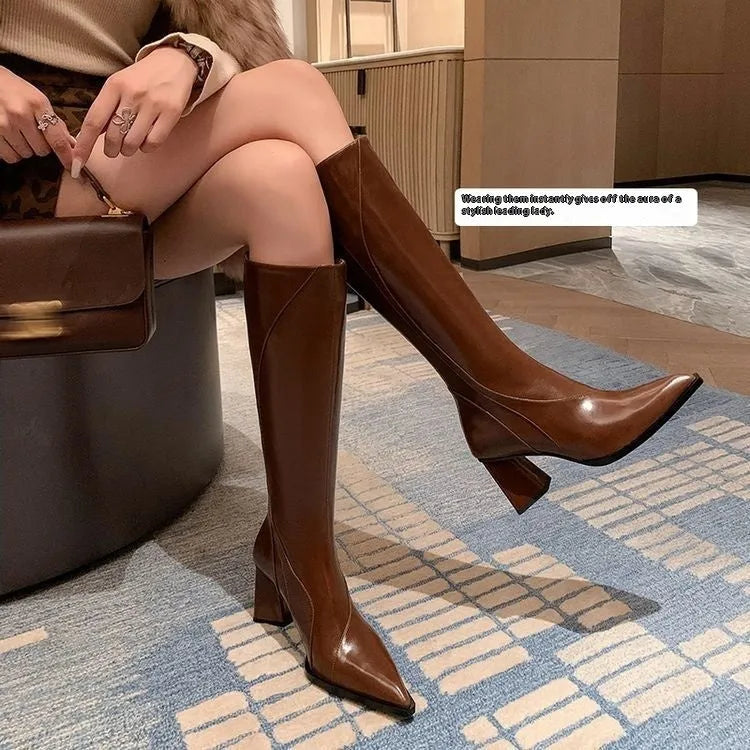 Retro brown cowhide leather women's riding boots with a Maillard high heel and waterproof platform.