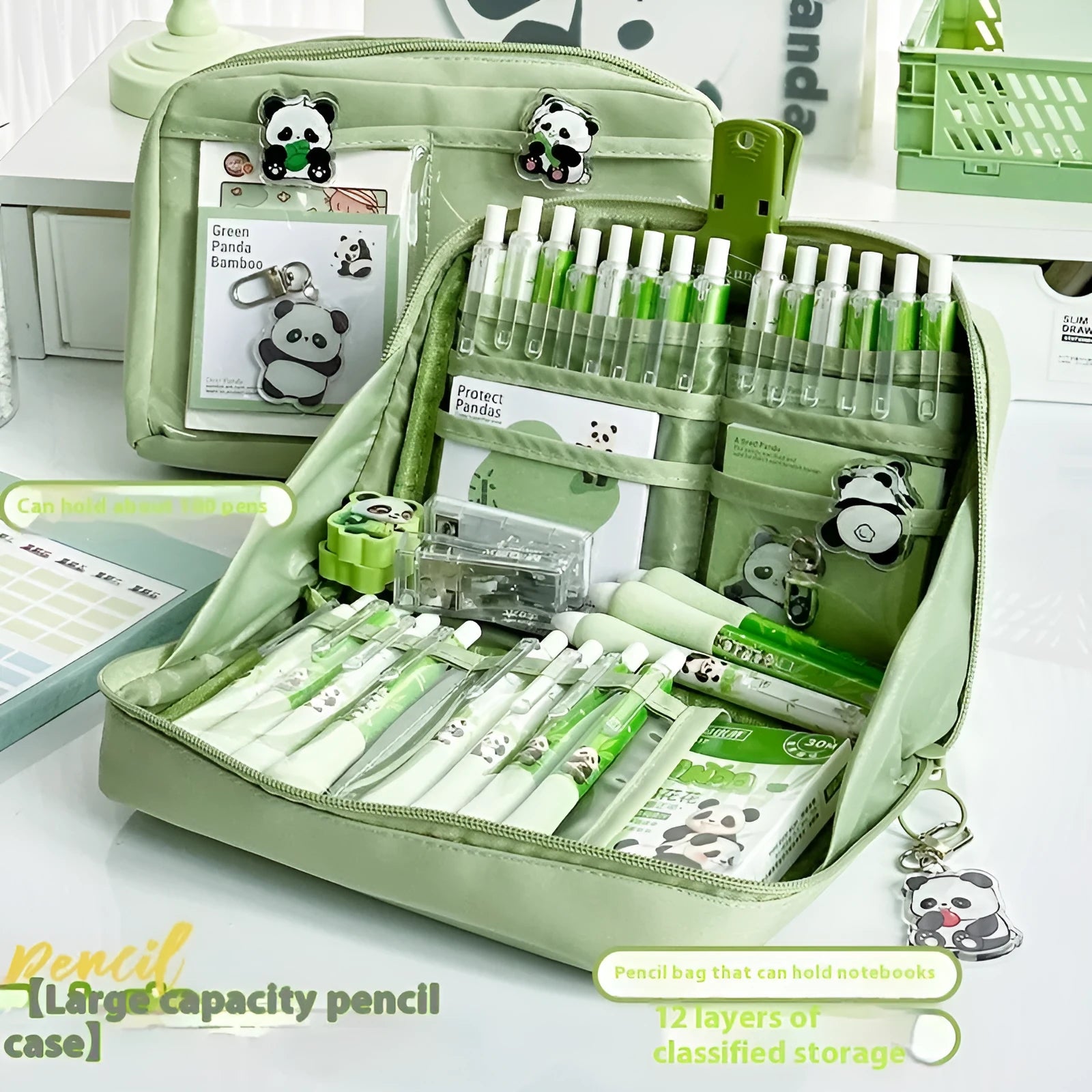Green canvas pencil case with 12-layer compartmentalised design showing panda-themed Korean style elements