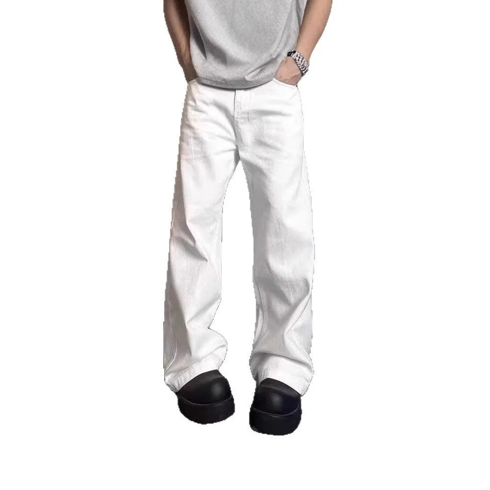 Men's white straight leg jeans with loose wide leg opening and American high street styling