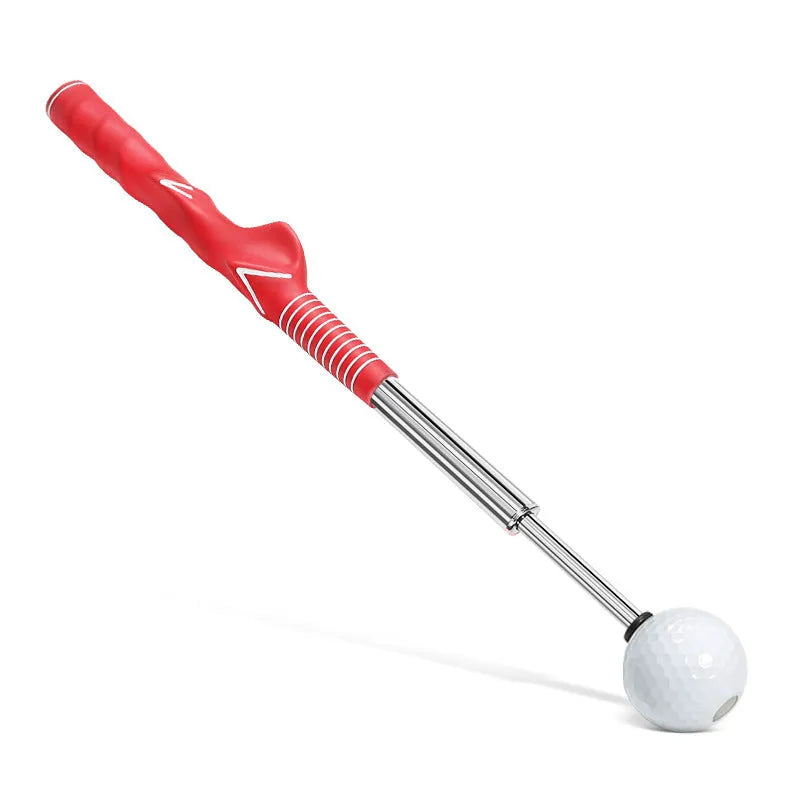 A telescopic golf swing practice trainer with a stainless steel frame, shown in an adjustable position.