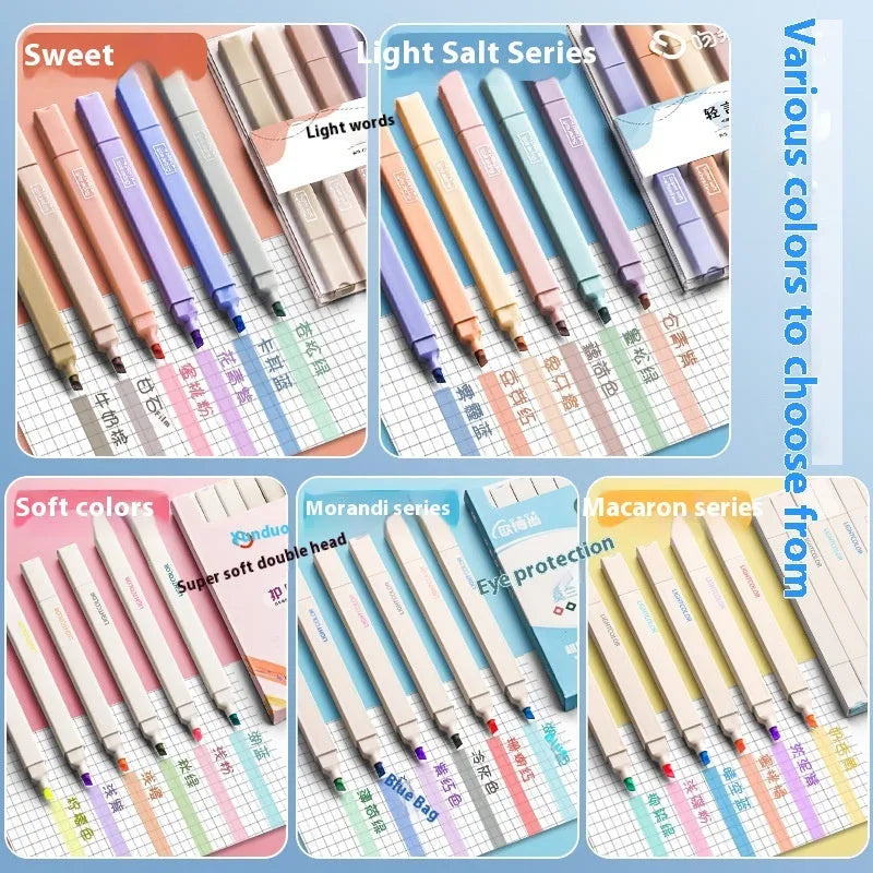 Set of double-ended fluorescent highlighting pens showing chisel and fine tips, in mixed, salt series, and sweet series colours.