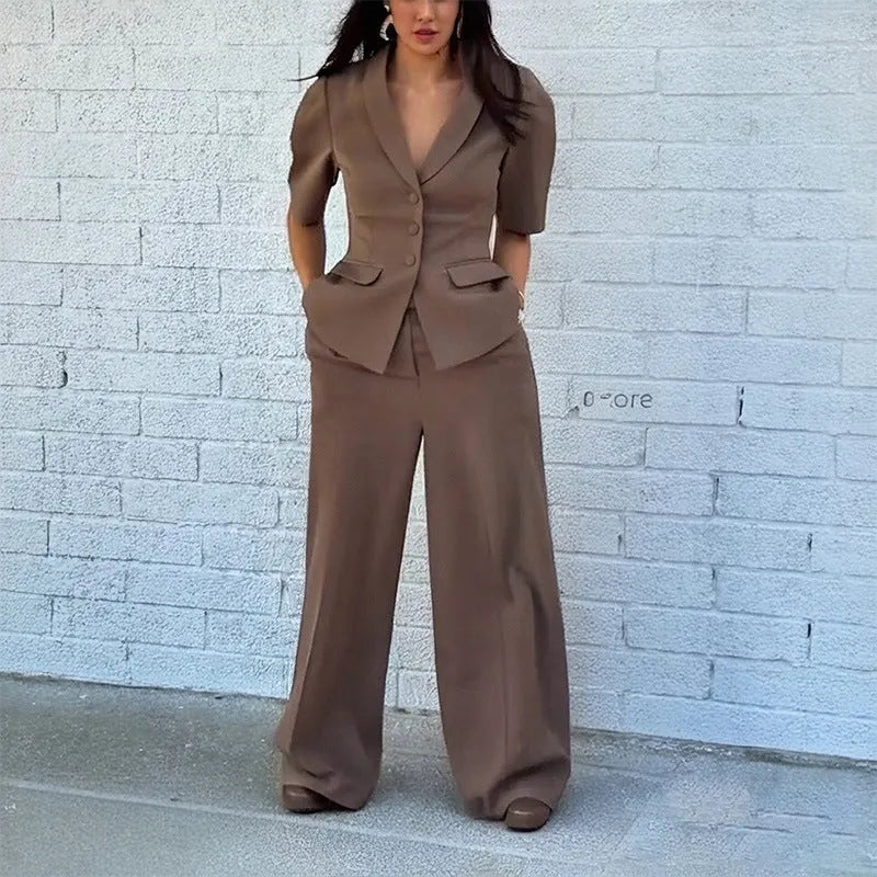 Brown men's two-piece slim fit suit separates showing top and trousers on a hanger