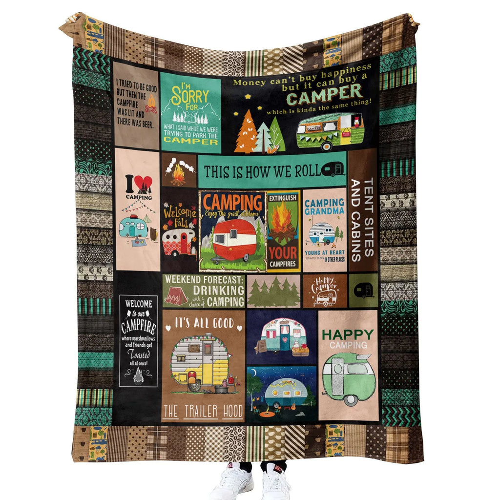 Soft hypoallergenic outdoor camping blanket in 100% polyester with lamb cashmere texture, available in multiple sizes.