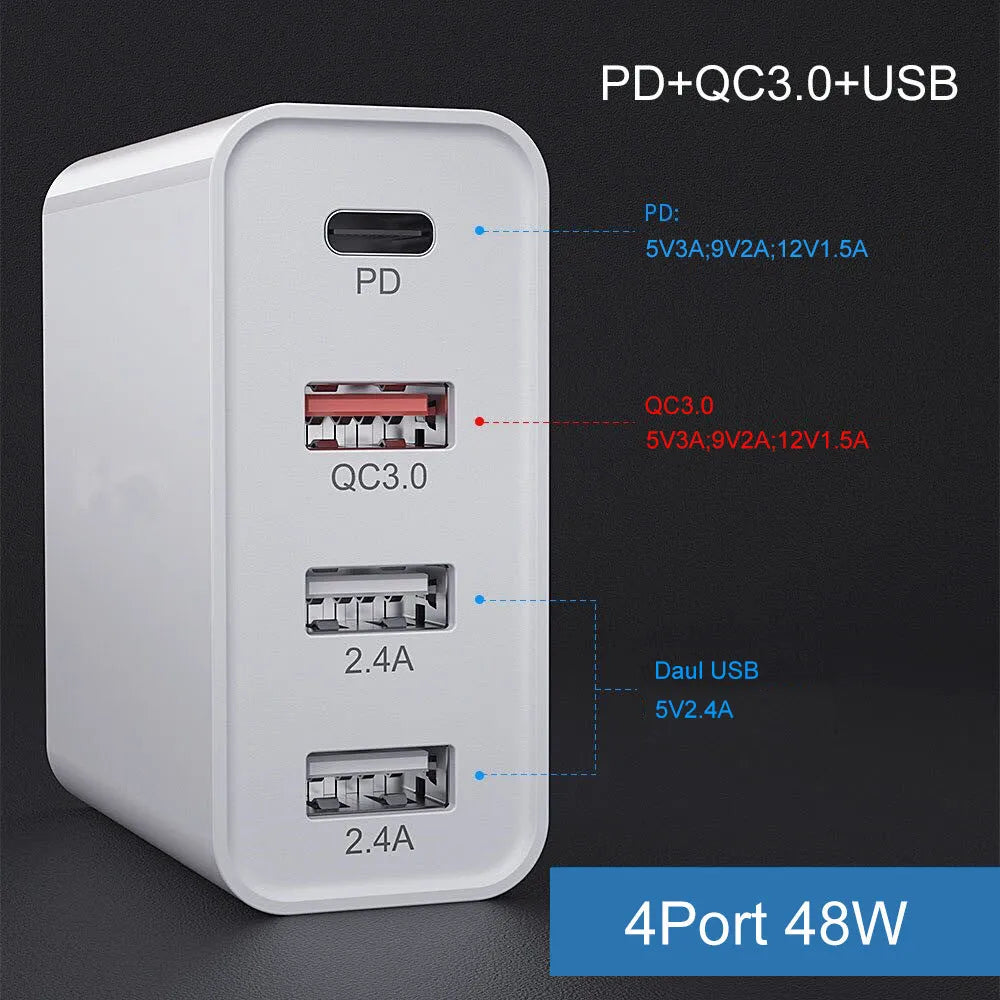 White multi-port USB fast charger with PD QC support on a table.