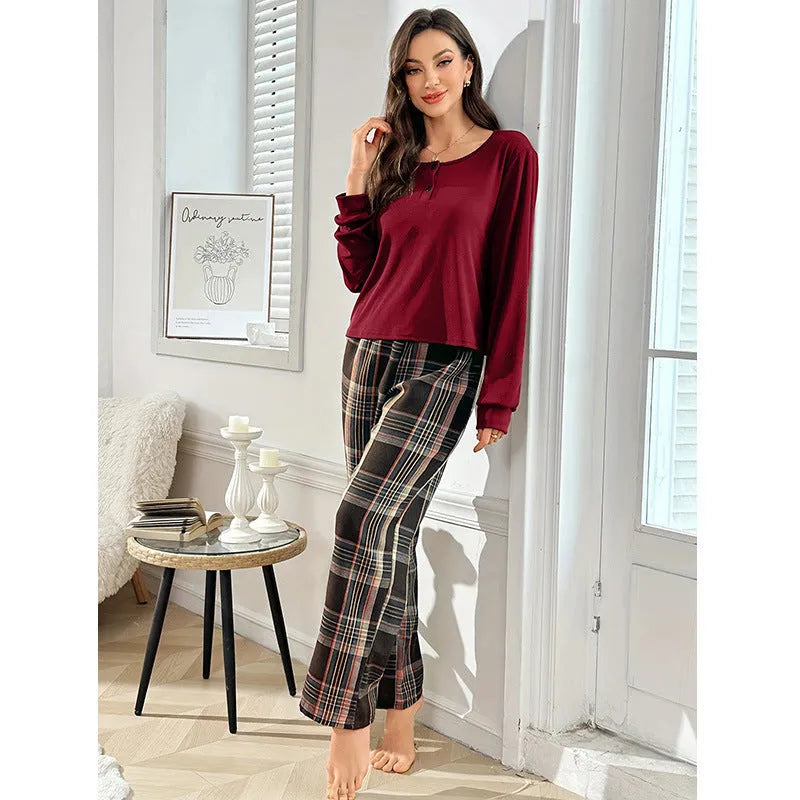 Milk silk plaid pants and button pullover set in Brown or Wine Red, sizes S to XXL