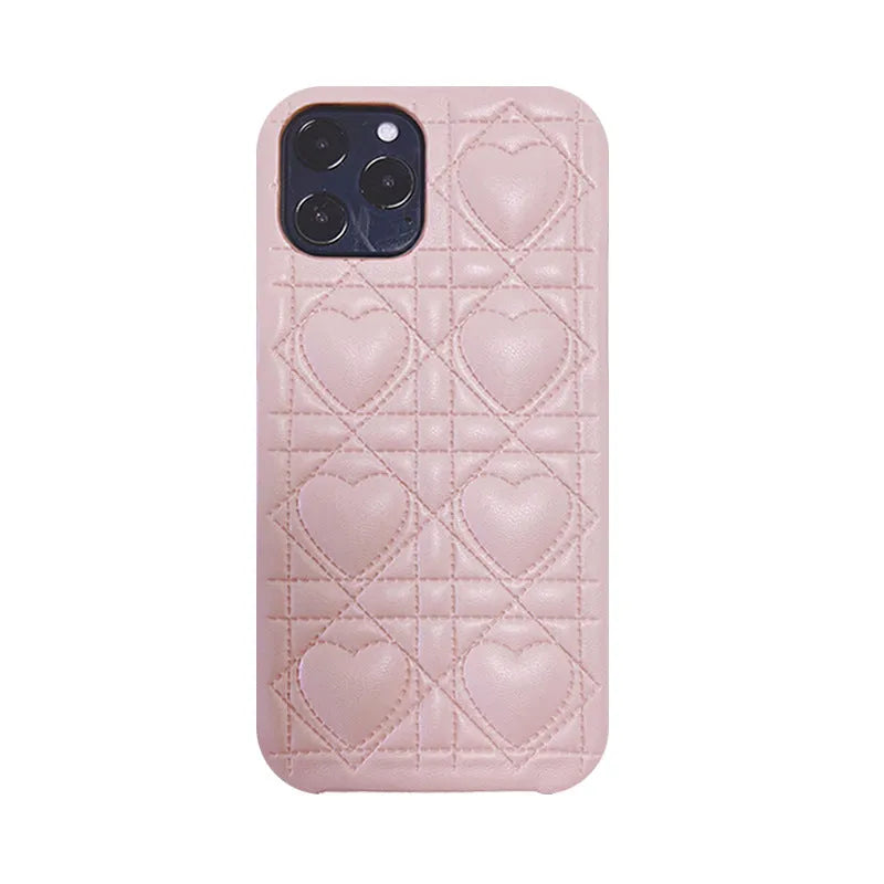Leather silicone iPhone case with heart and plaid pattern in milk blue, pink or black