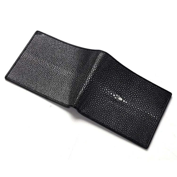 Pearl fishskin leather wallet in horizontal square shape with sewing thread detailing