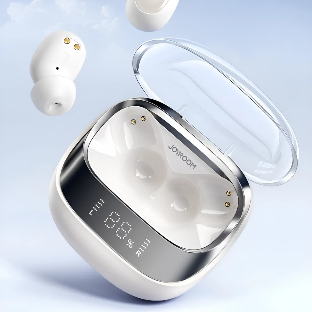 Beige wireless in-ear Bluetooth headphones with charging case on a table
