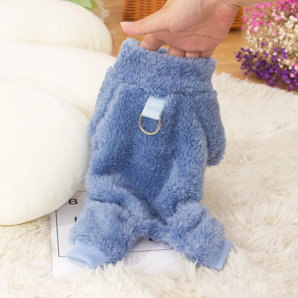 Double-sided plush dog clothes with high collar and towing ring in khaki, pink, or blue colours