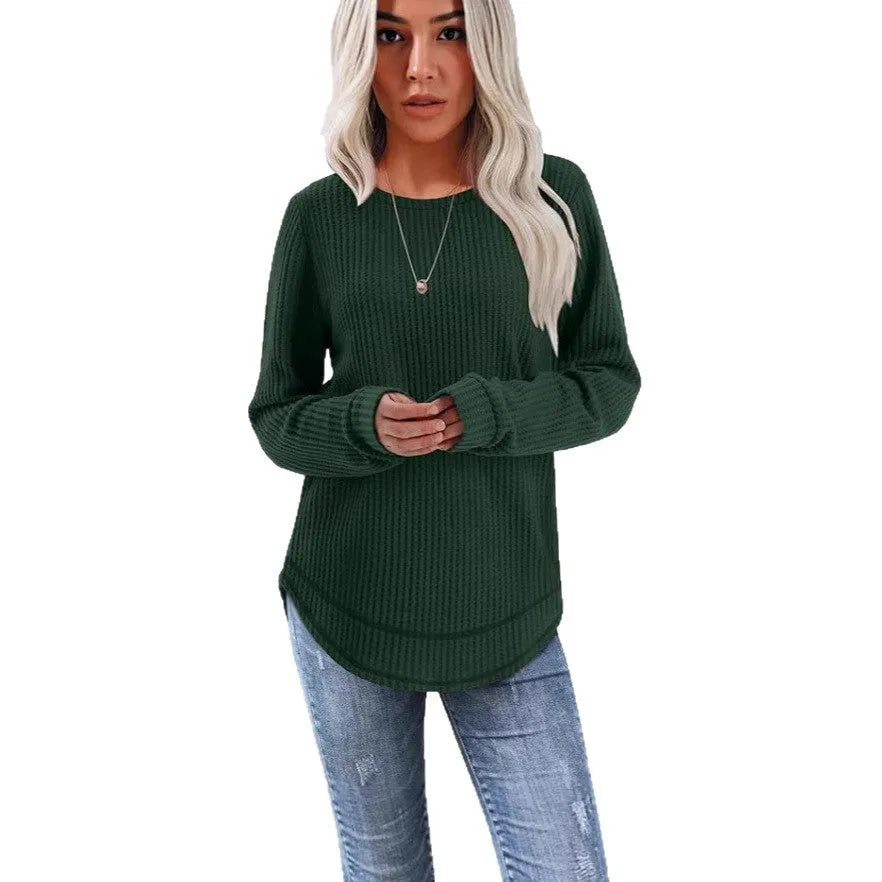 Waffle loose round neck high low curved hem top in plaid pattern, dark khaki colour