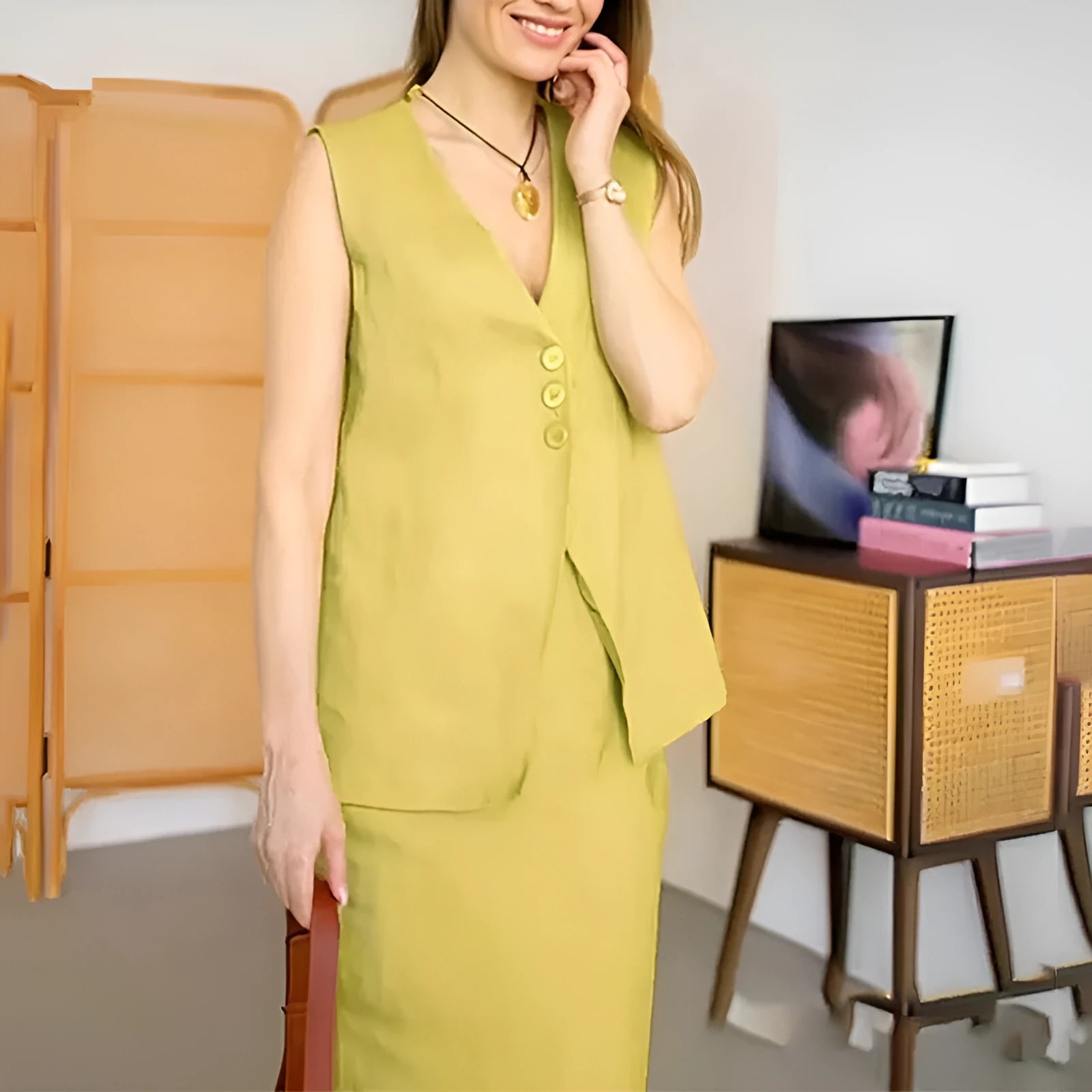 Women's casual sleeveless vest and long skirt two-piece suit in blue, yellow, or white polyester.