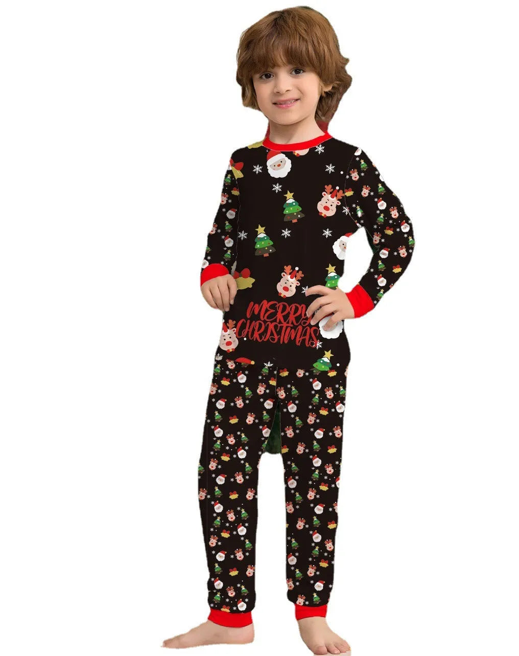 Family Christmas matching pajamas set in cotton fabric with plaid print, showing adult, child and dog sizes