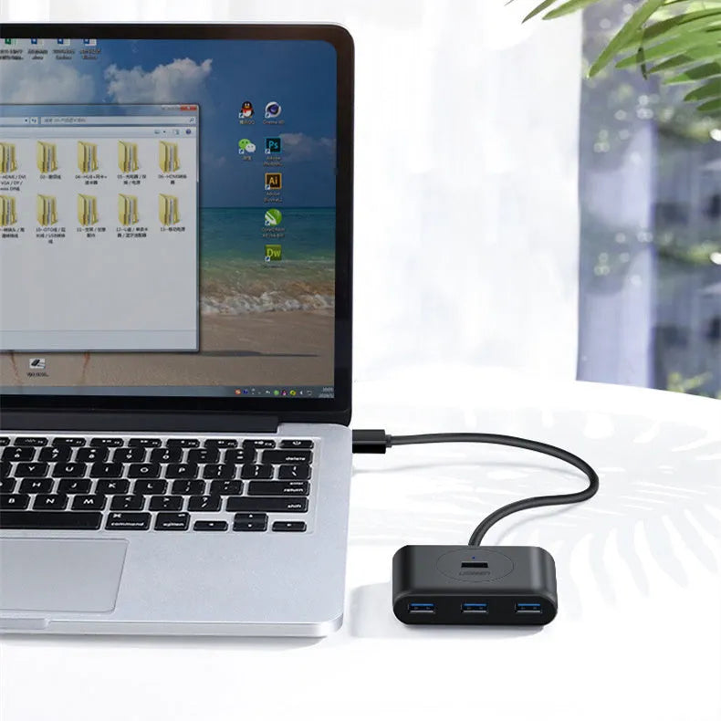 Deep black USB one-to-four splitter with GL3510 chip, ABS shell and Micro USB power port, 25cm to 200cm
