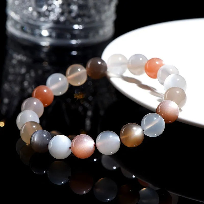 Natural colourful moonlight moonstone bracelet with 8mm beads in a single circle unisex design.