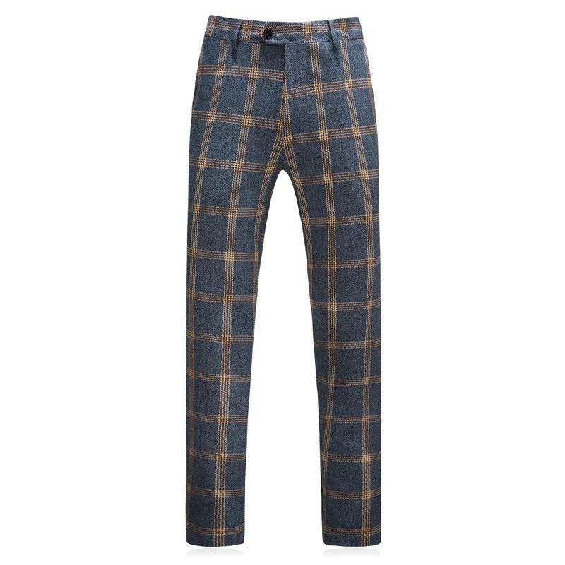 Men's yellow check three-piece business wedding suit set with vest, trousers, and coat