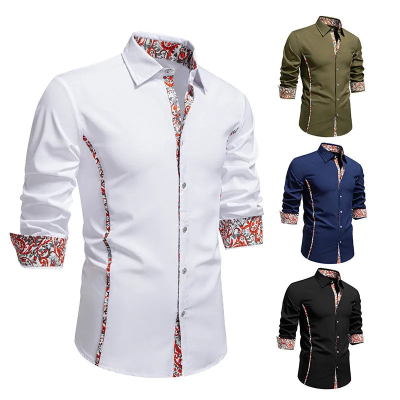 Men's slim fit polo collar shirt with paisley pattern and colour blocking in white, black, army green or navy blue