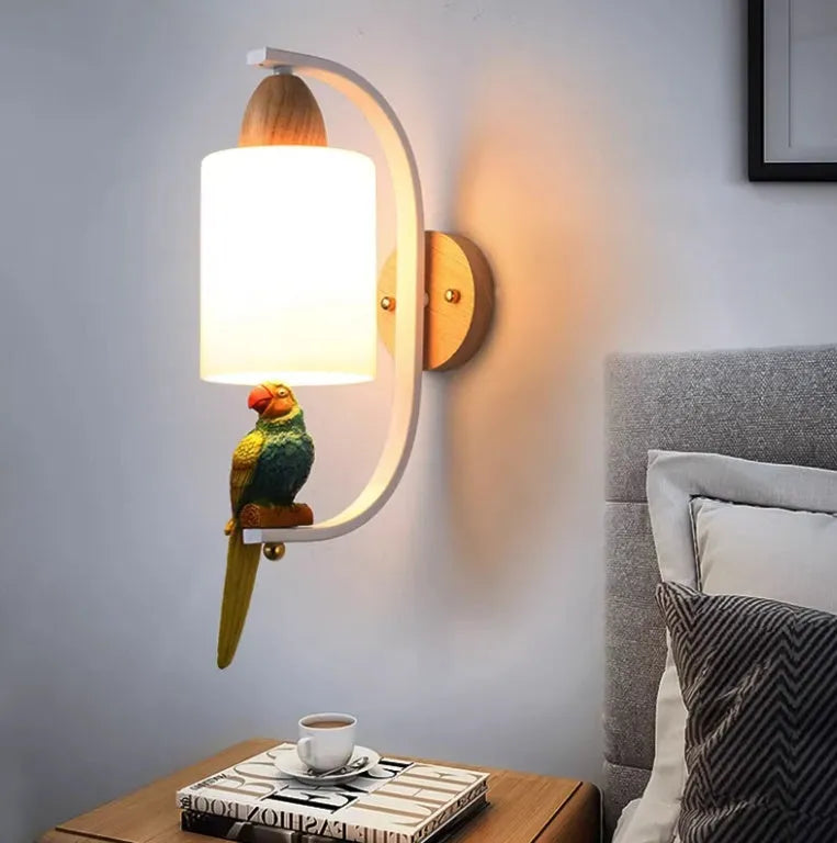 Solid wood and iron wall lamp with glass shade on a wall in a stairway
