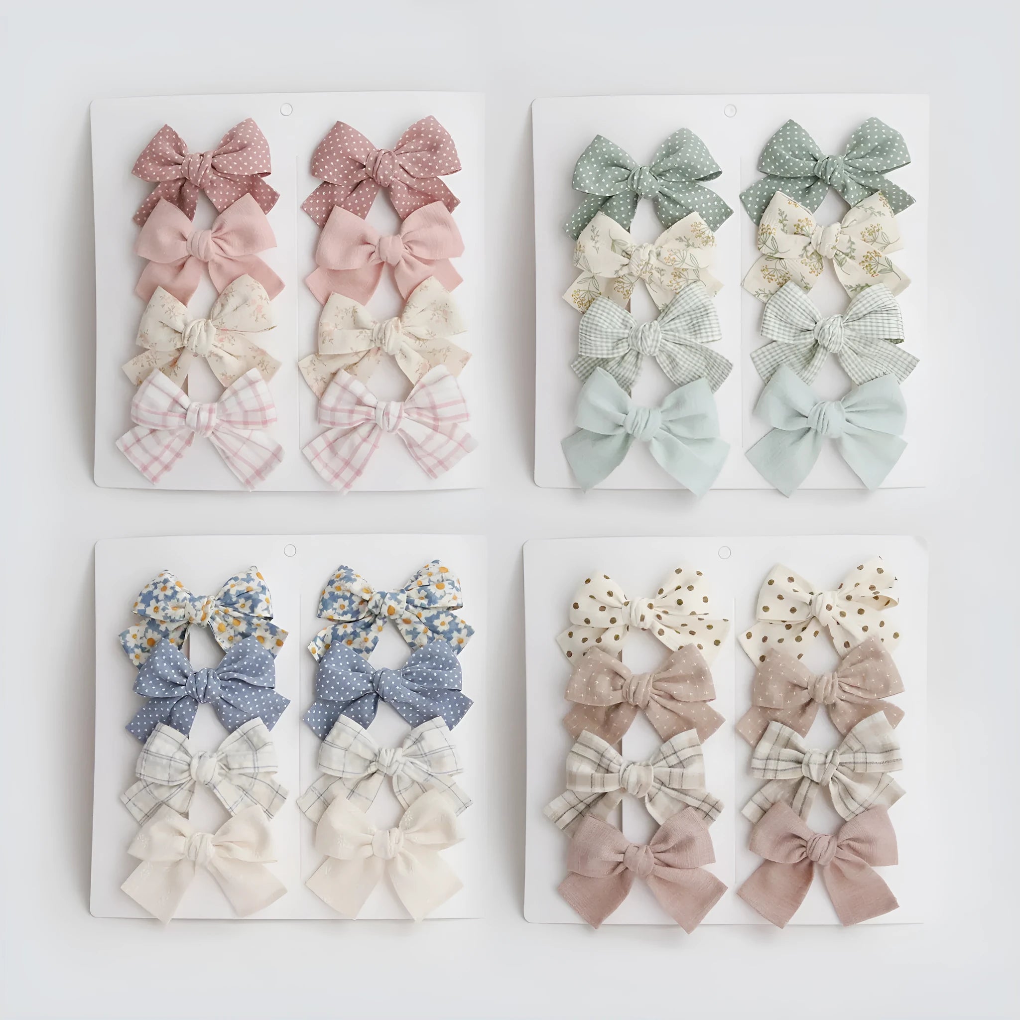 Children's cloth hairclips with dovetail bow design in multiple colour sets including beige brown grid dots