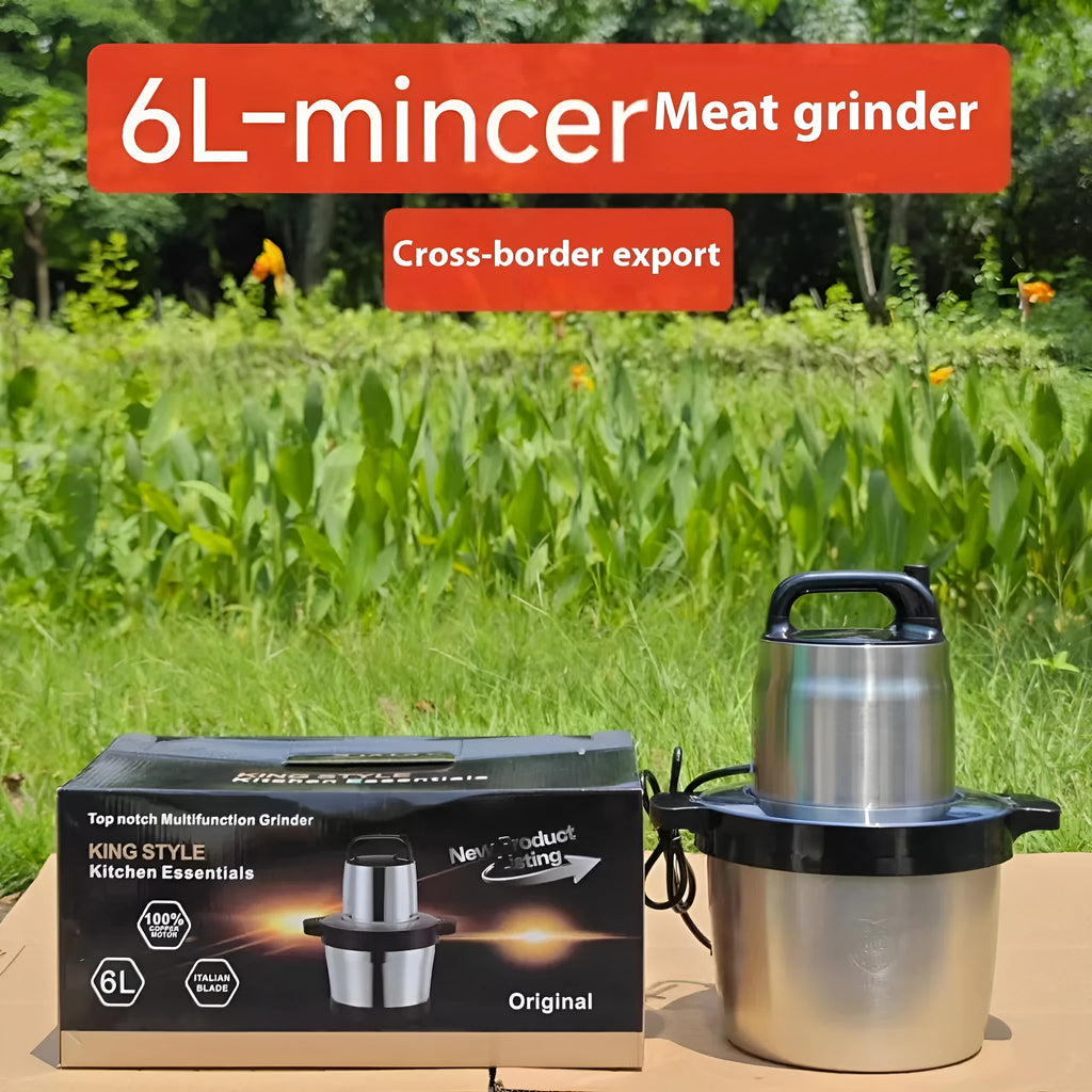 Stainless steel semi-automatic meat grinder with 6L capacity and UK plug on a kitchen worktop