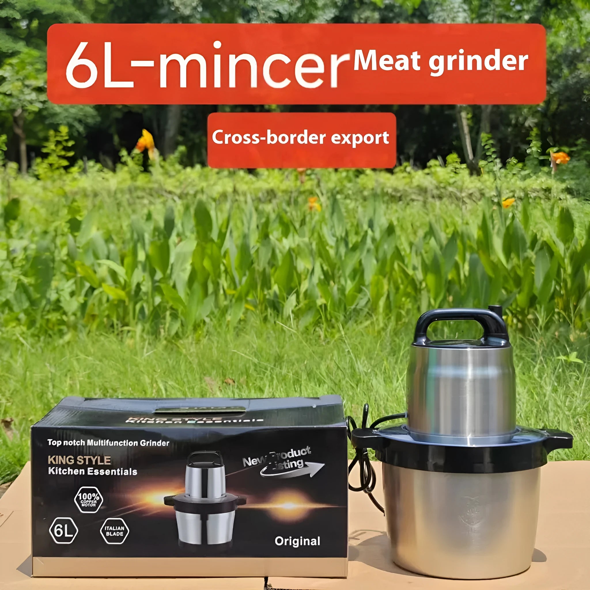 Stainless steel semi-automatic meat grinder with 6L capacity and UK plug on a kitchen worktop