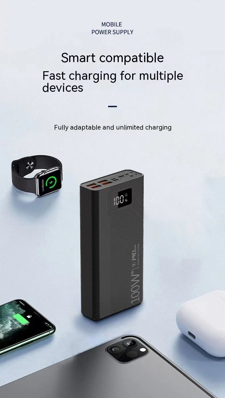 Large capacity power bank in black or white plastic casing showing front panel with charging ports