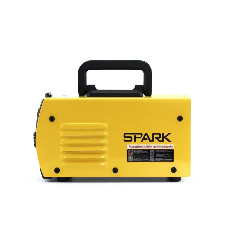 MMA-200MIN small black DC inverter welding machine with red welding tongs, clamp, and face shield on a workbench.