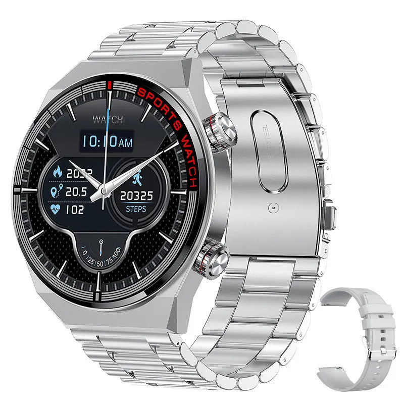 Rotary key Bluetooth smartwatch with touch screen on a genuine leather strap, showing call and fitness tracking interface.