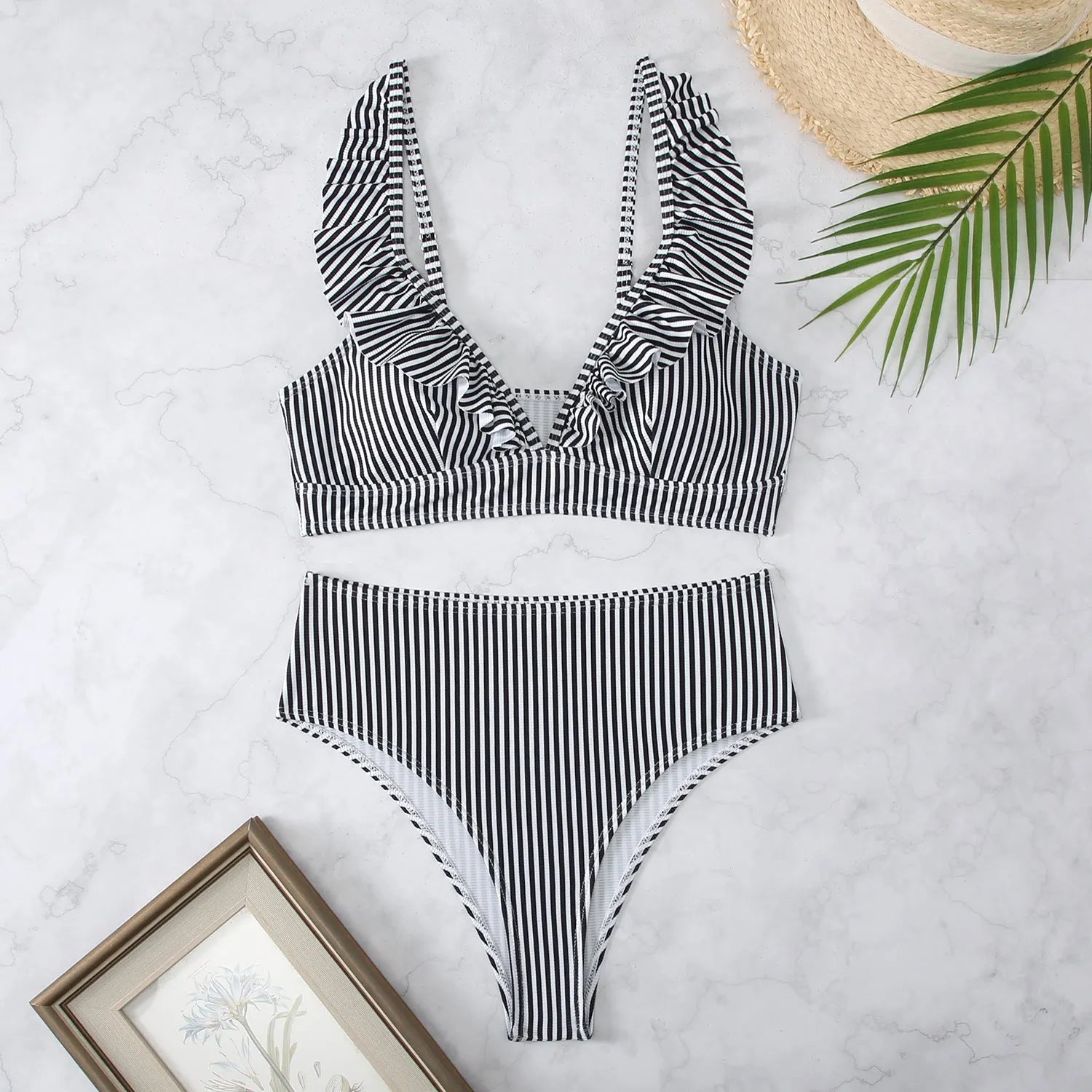 Retro striped split small chest bikini swimsuit in black, white, or coloured stripes