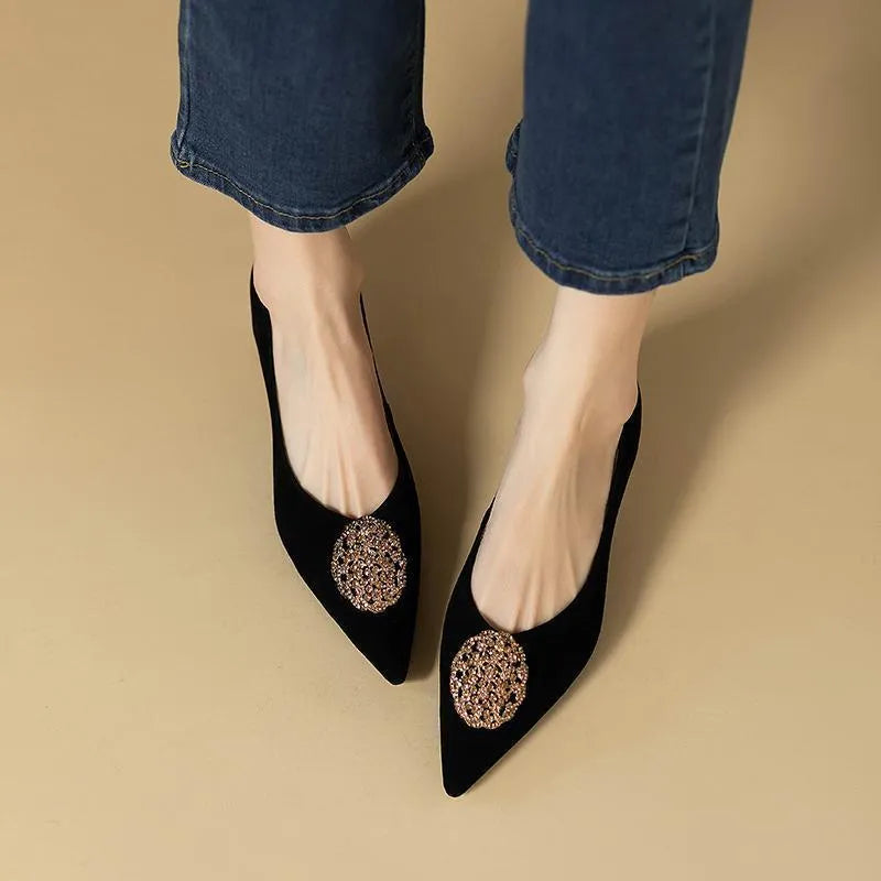 Women's suede stiletto pointed-toe shoes in black or orange with rubber sole and shallow mouth cut under 7cm