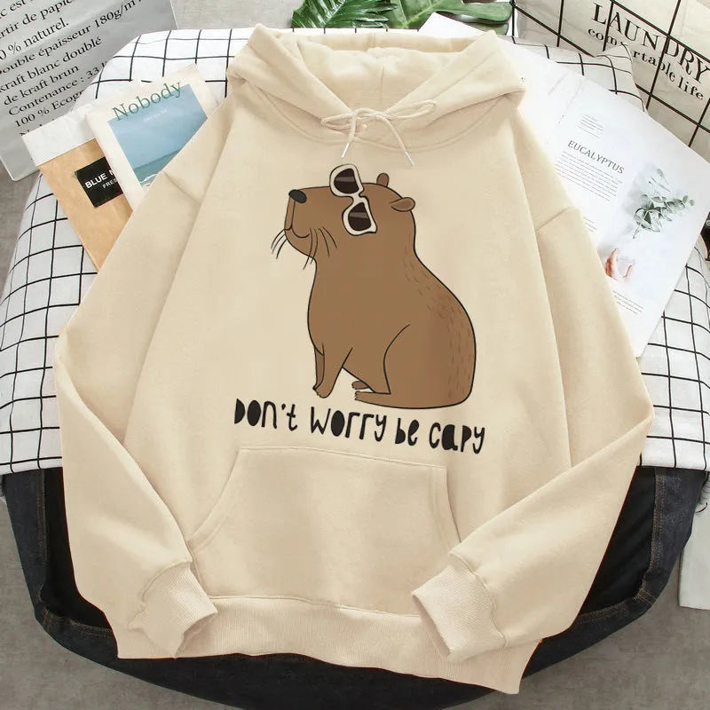 Grey capybara hoodie for women Korean hip hop anime harajuku casual pullover with hood and side pockets on model