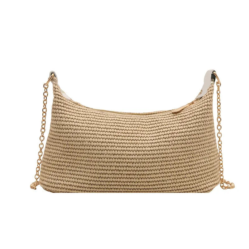 Women's woven straw crossbody bag with internal phone compartment in black, khaki, or white