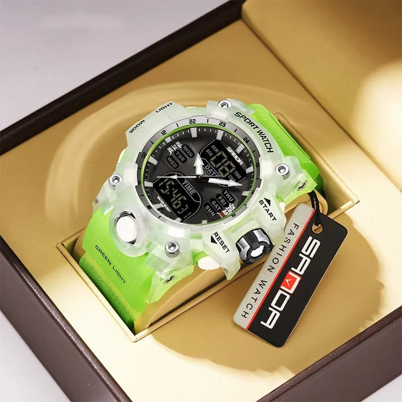 Sanda transparent green light photoelectric alarm clock with black strap and display in a simple style