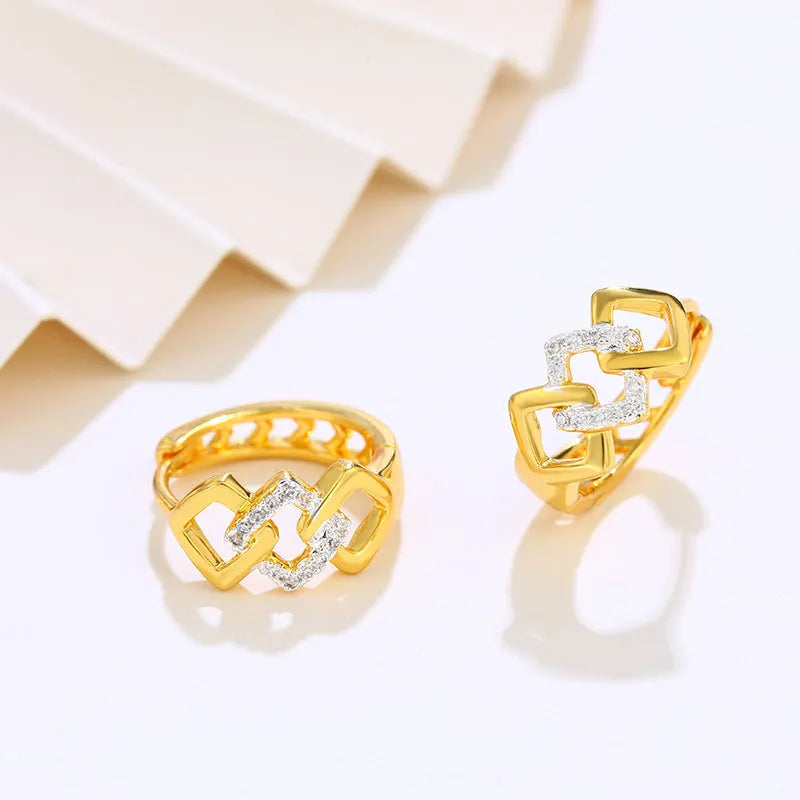 Geometric hollow gold earrings with colour separation ear clip closure